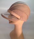 boiled wool cloche with plastic visor veil and leather applications – side view